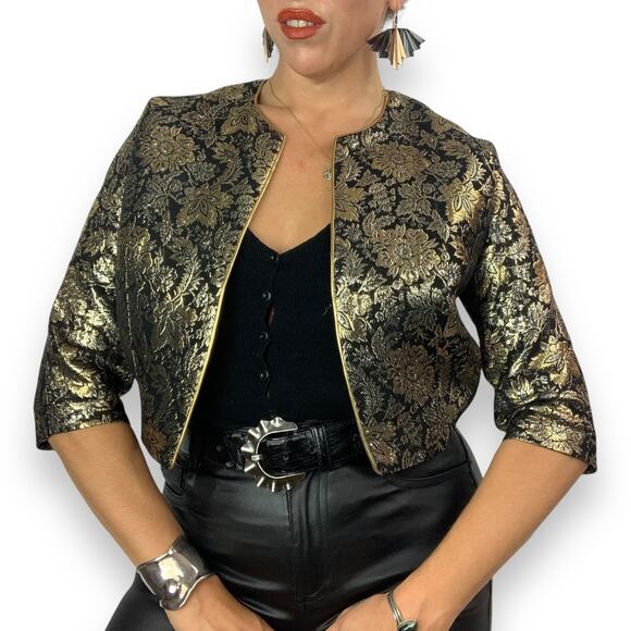 1950's MISS ELLIETTE of CALIFORNIA woven gold and black floral cropped jacket - Picture 13 of 14